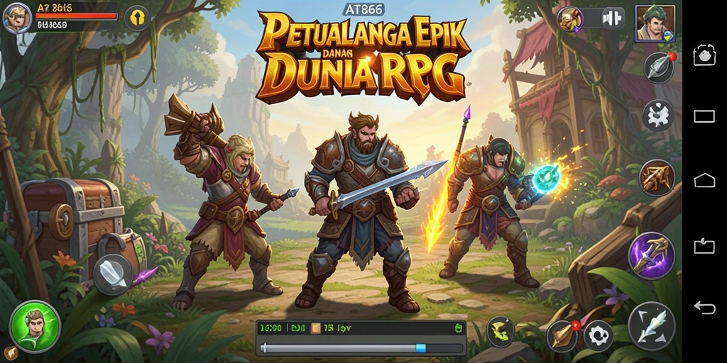 Tangkapan layar gameplay AT866 menampilkan pertarungan epik dan eksplorasi dunia.