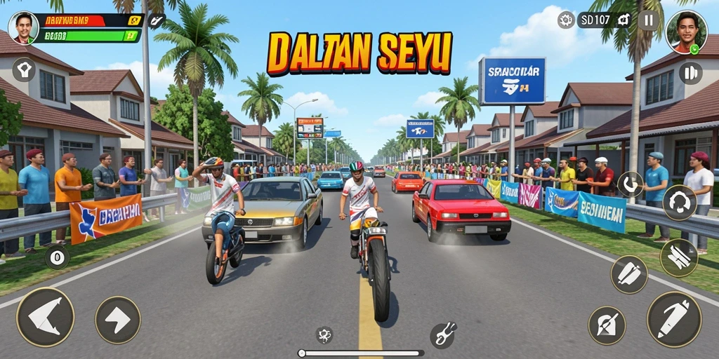Tangkapan layar dari gameplay SD107 yang menunjukkan aksi balapan di jalanan.