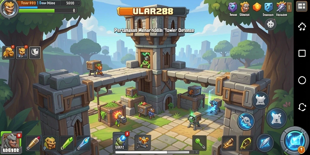 Tangkapan layar gameplay ULAR288 menampilkan aksi menaklukkan musuh di Tower Defense.
