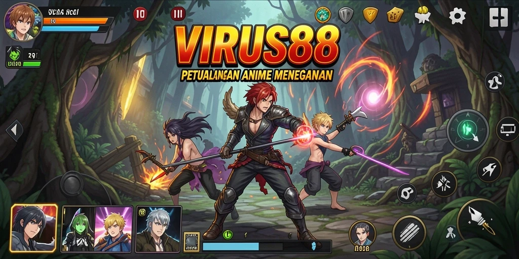 Tampilan gameplay VRUS88 yang menampilkan pertarungan epic karakter Anime.